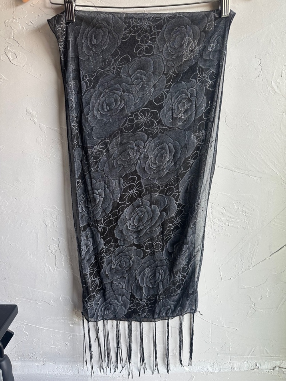 Black‎ Sheer Floral Butterfly Fringe Scarf Whimsigoth Dark Romantic Gothic 15x54